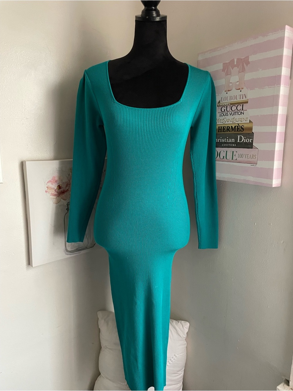 Zara Teal Ribbed Long-Sleeve Midi Dress
